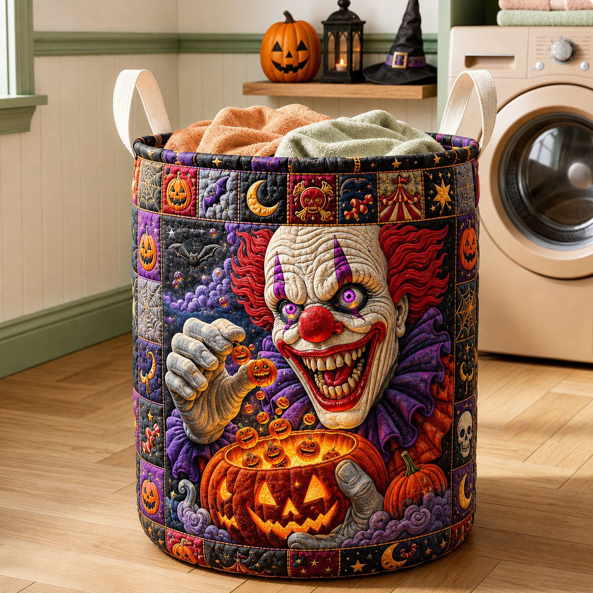 Creepy Carnival Clown Halloween Quilted Laundry Hamper printed laundry hamper
