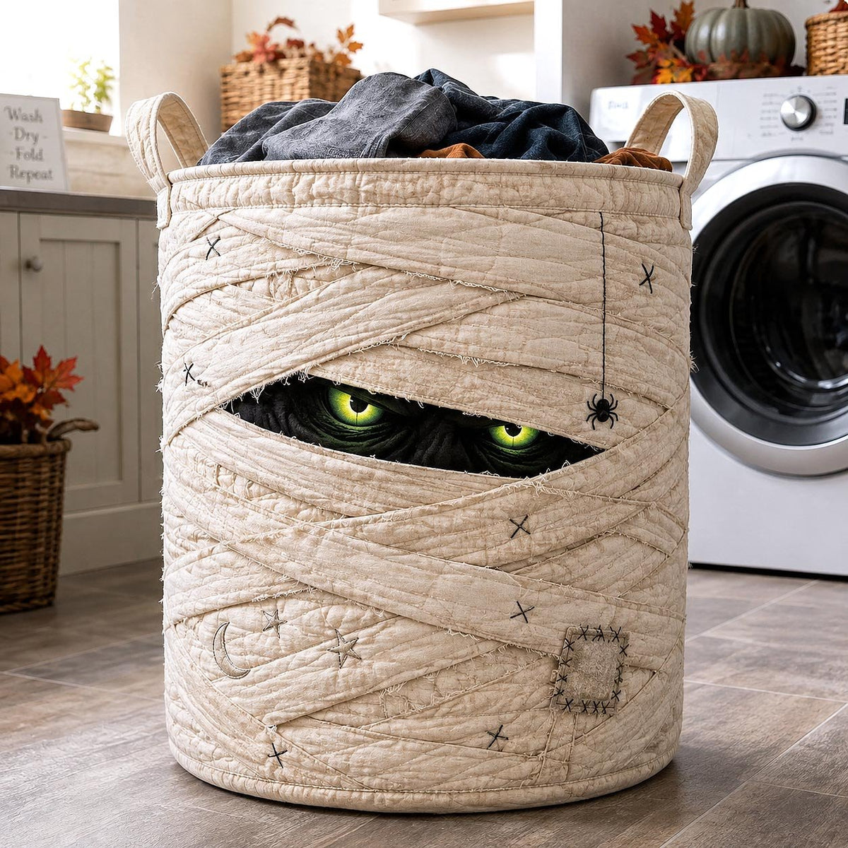 Creepy Mummy Gaze Quilted Laundry Hamper printed laundry hamper