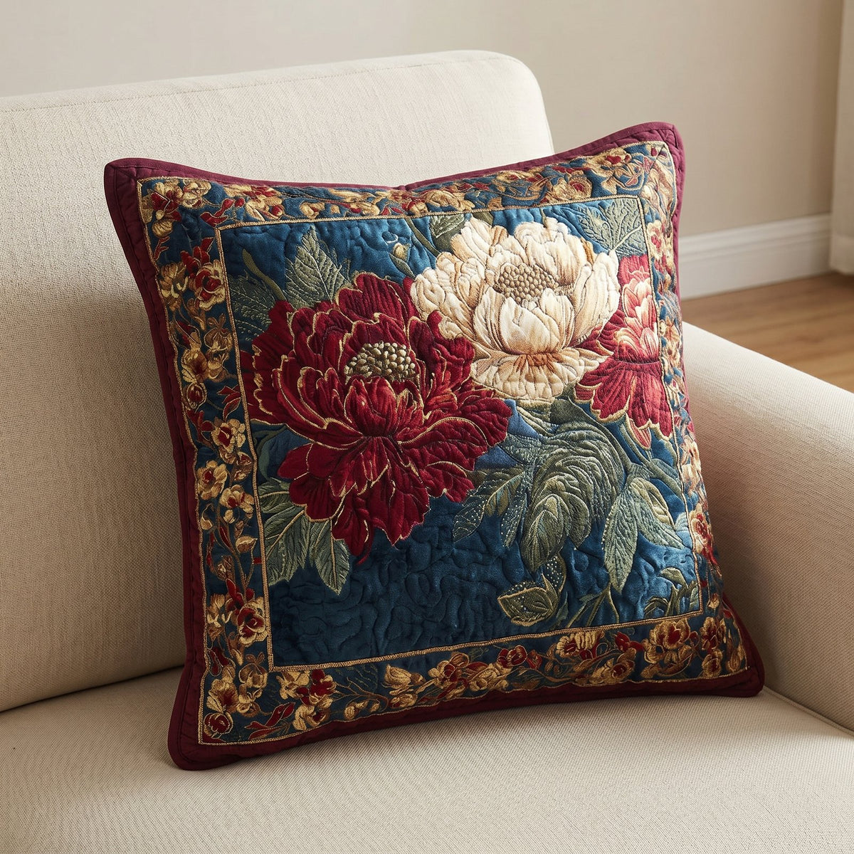 Crimson Bouquet Quilted Cushion Cover printed cushion cover