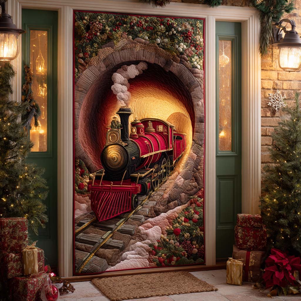 Crimson Holiday Train Quilted Door Curtain printed door curtain
