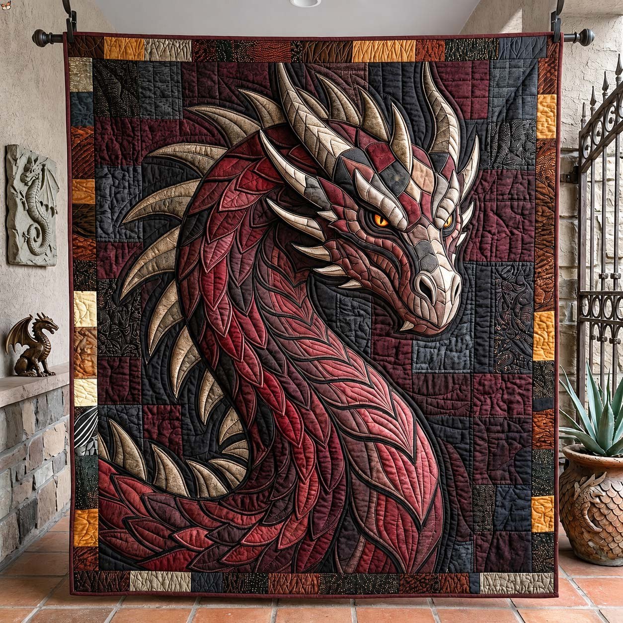 Crimson War Dragon Quilted Blanket printed quilt blanket