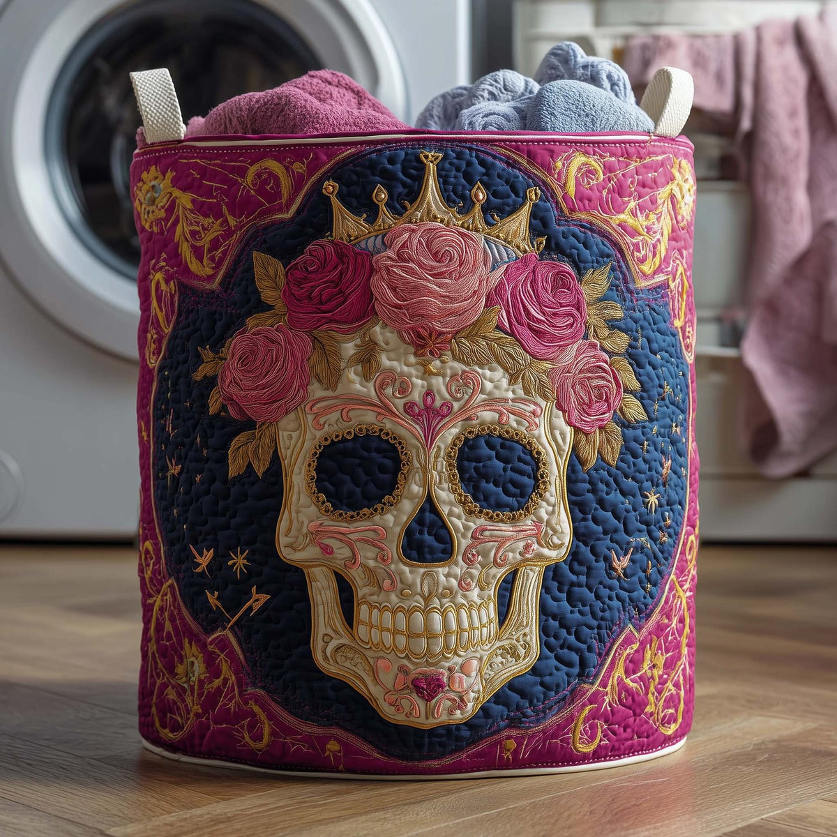 Crowned Skull Quilted Laundry Hamper printed laundry hamper