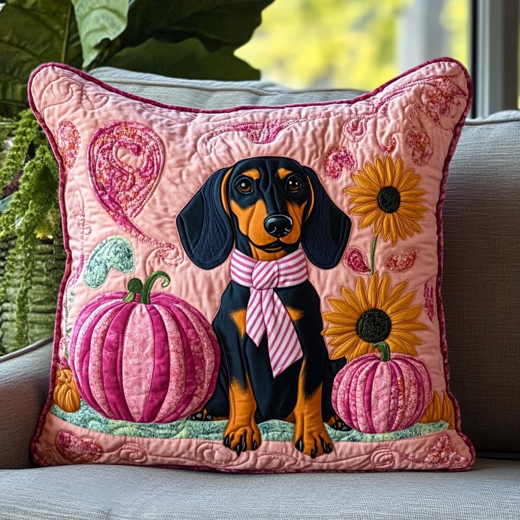 Dachshund Love Pink Quilted Cushion Cover printed cushion cover