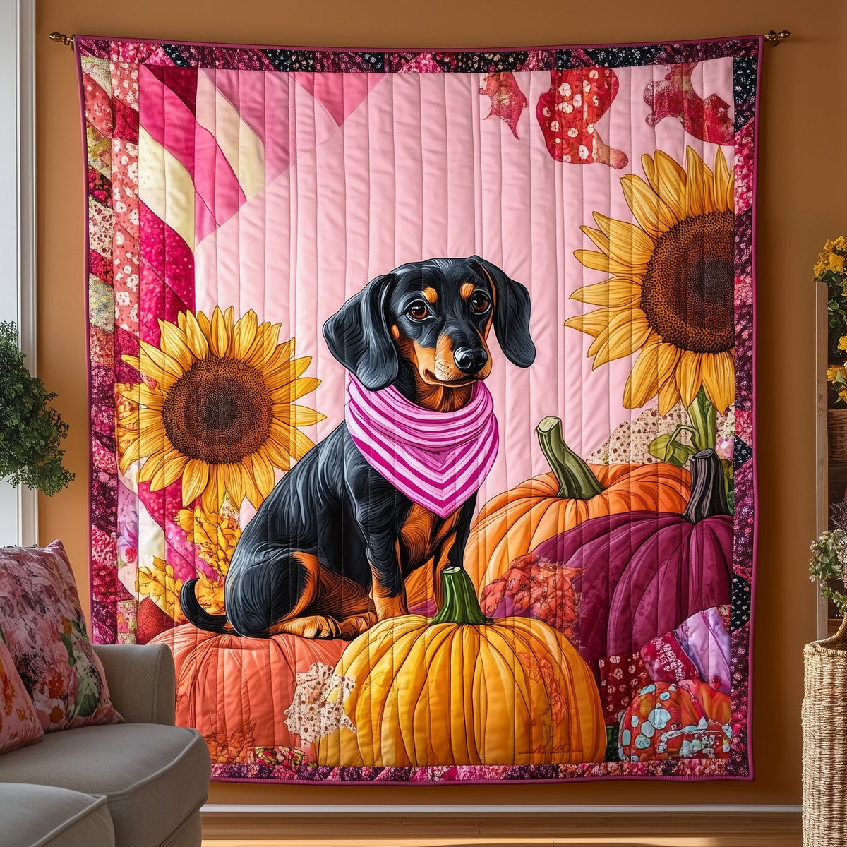 Dachshund Pink Fall Quilted Blanket printed blanket
