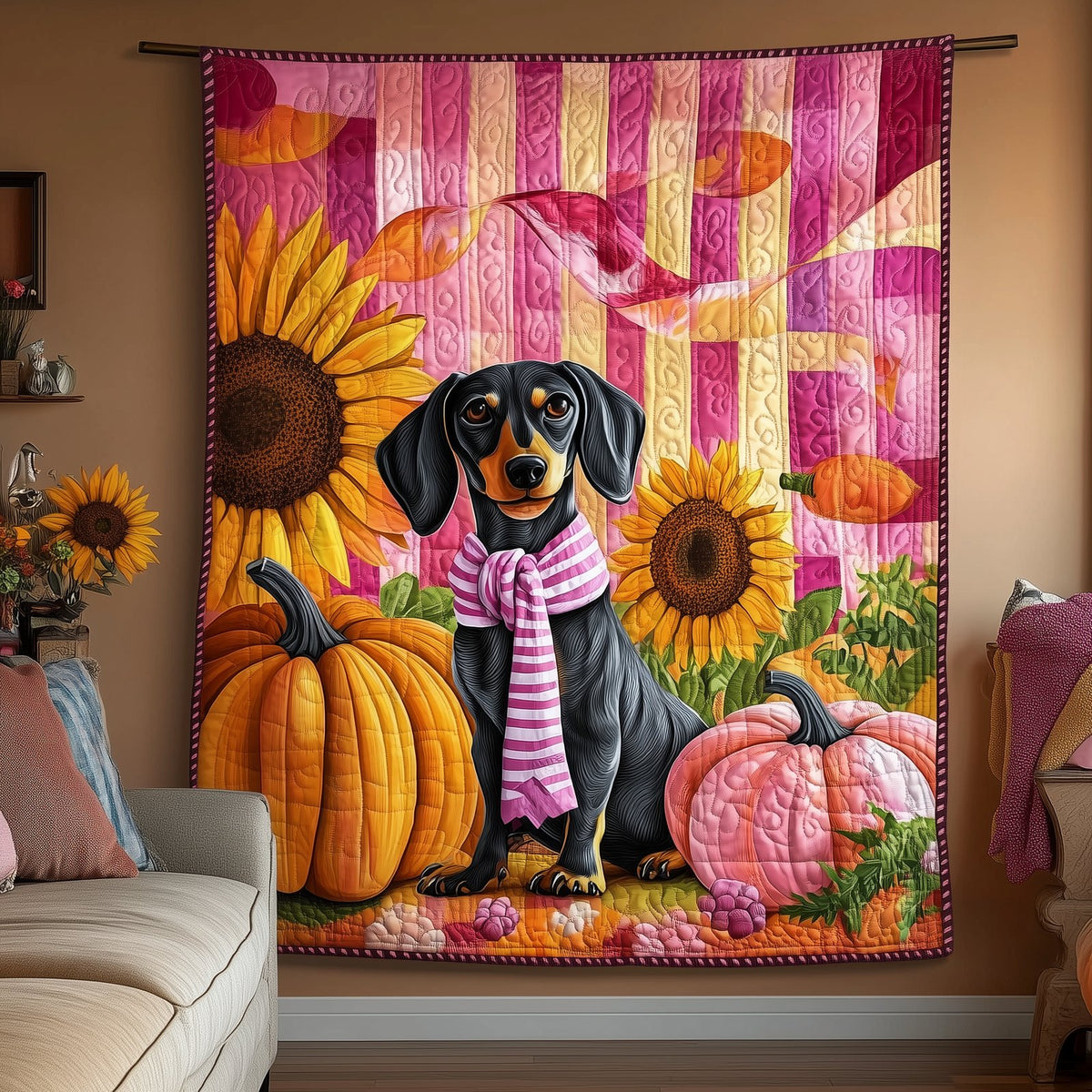 Dachshund Pink Fall Quilted Blanket printed blanket