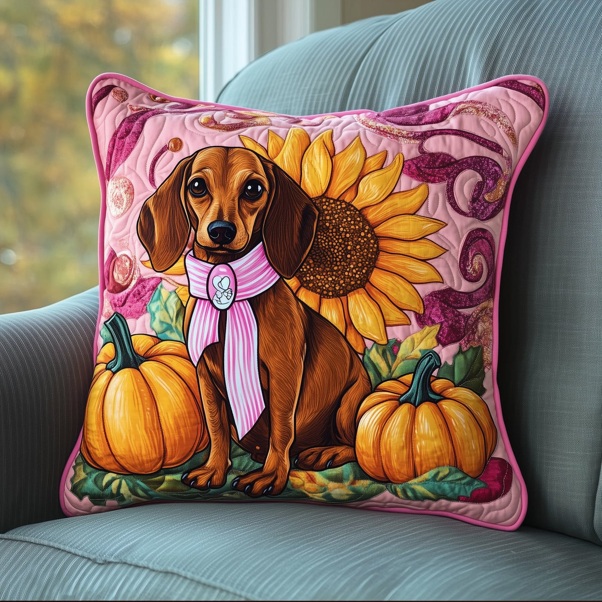 Dachshund Pink Fall Quilted Cushion Cover printed cushion cover