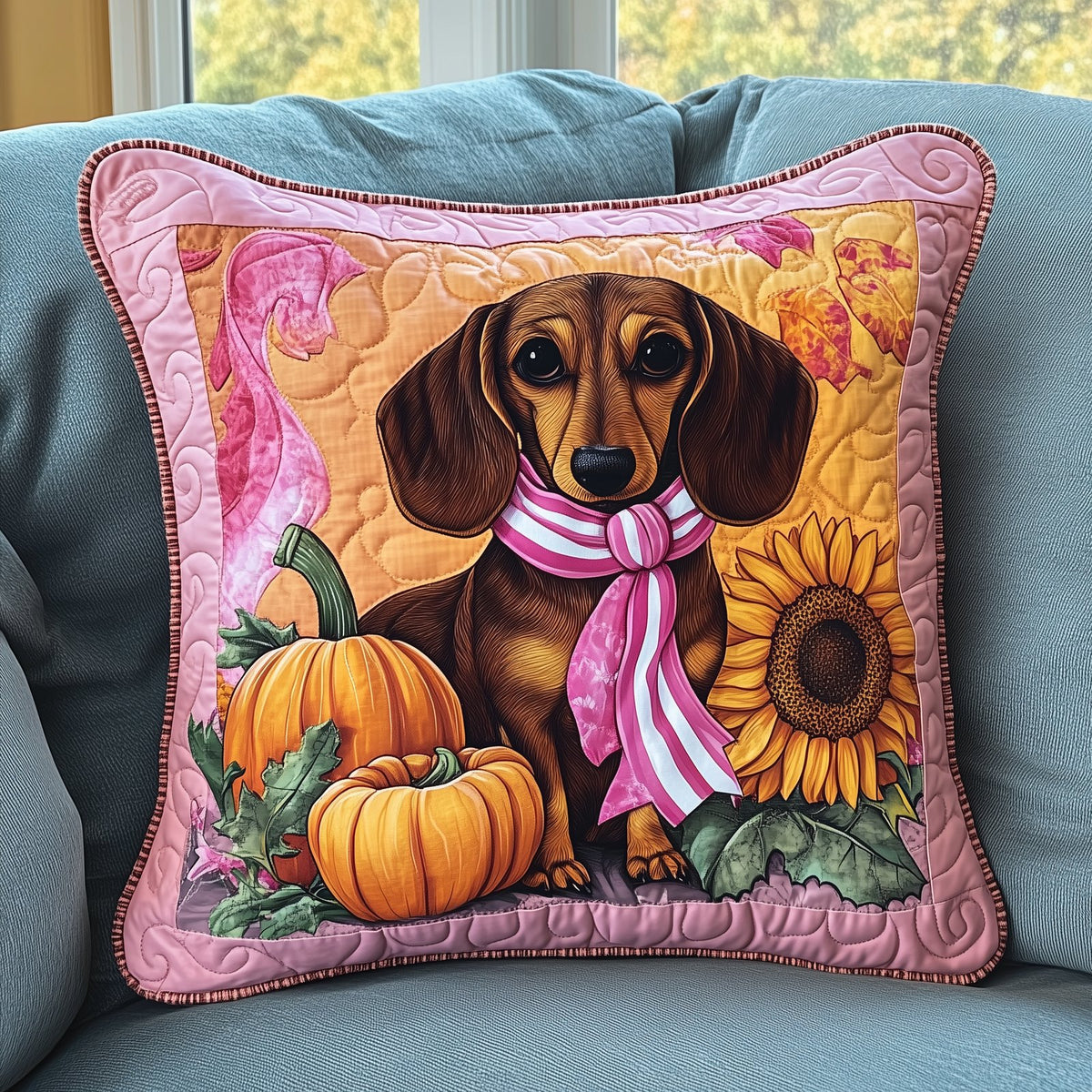 Dachshund Pink Fall Quilted Cushion Cover printed cushion cover