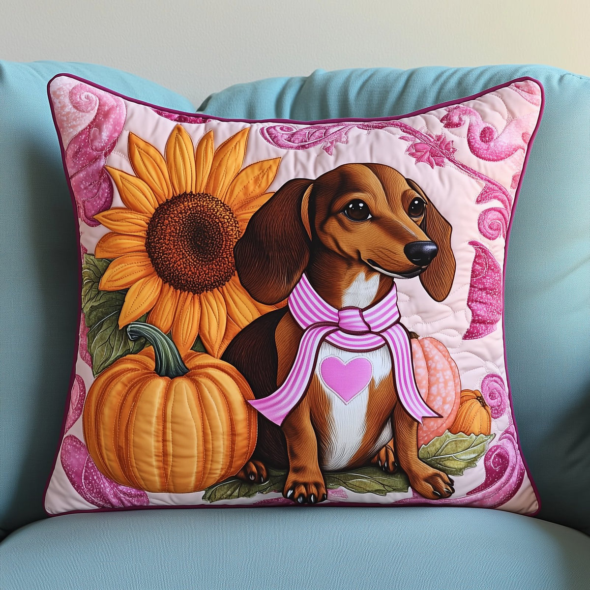 Dachshund Pink Fall Quilted Cushion Cover printed cushion cover