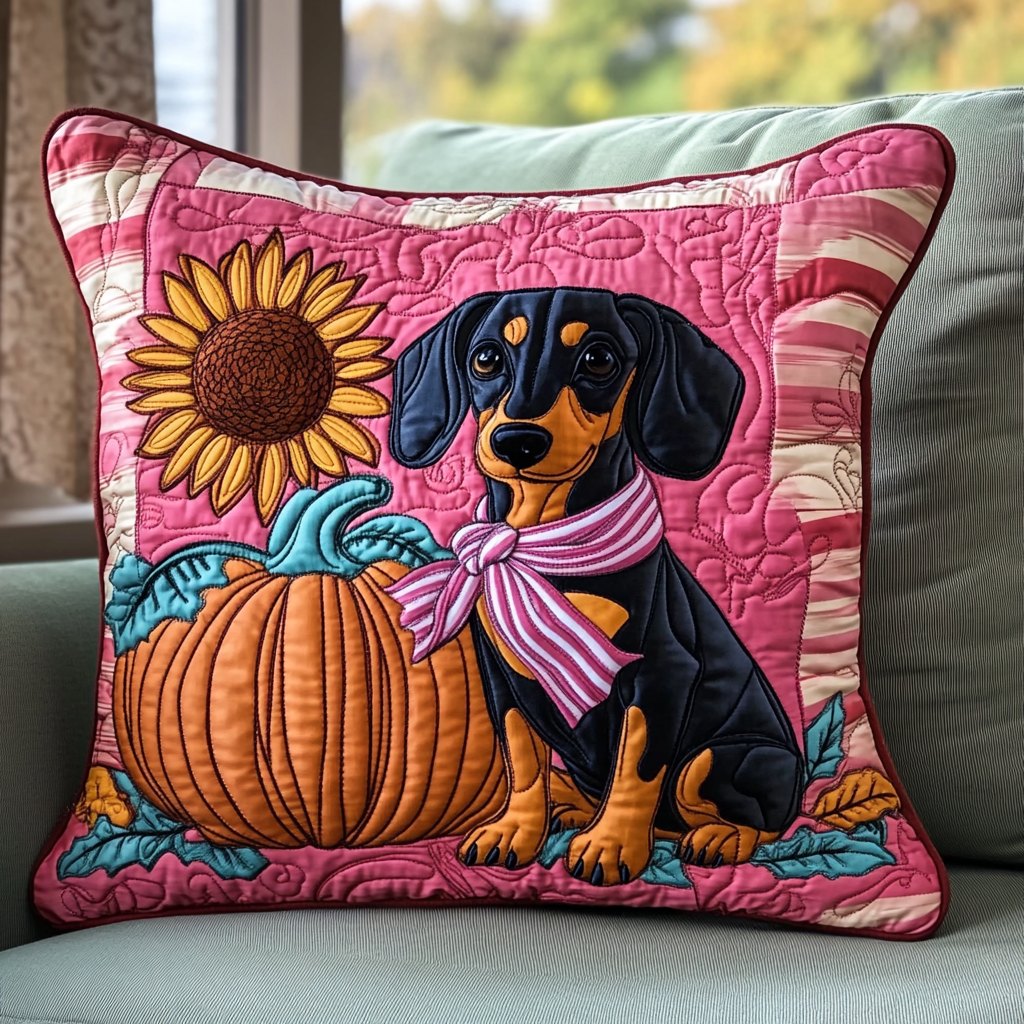Dachshund Wear Pink Quilted Cushion Cover printed cushion cover