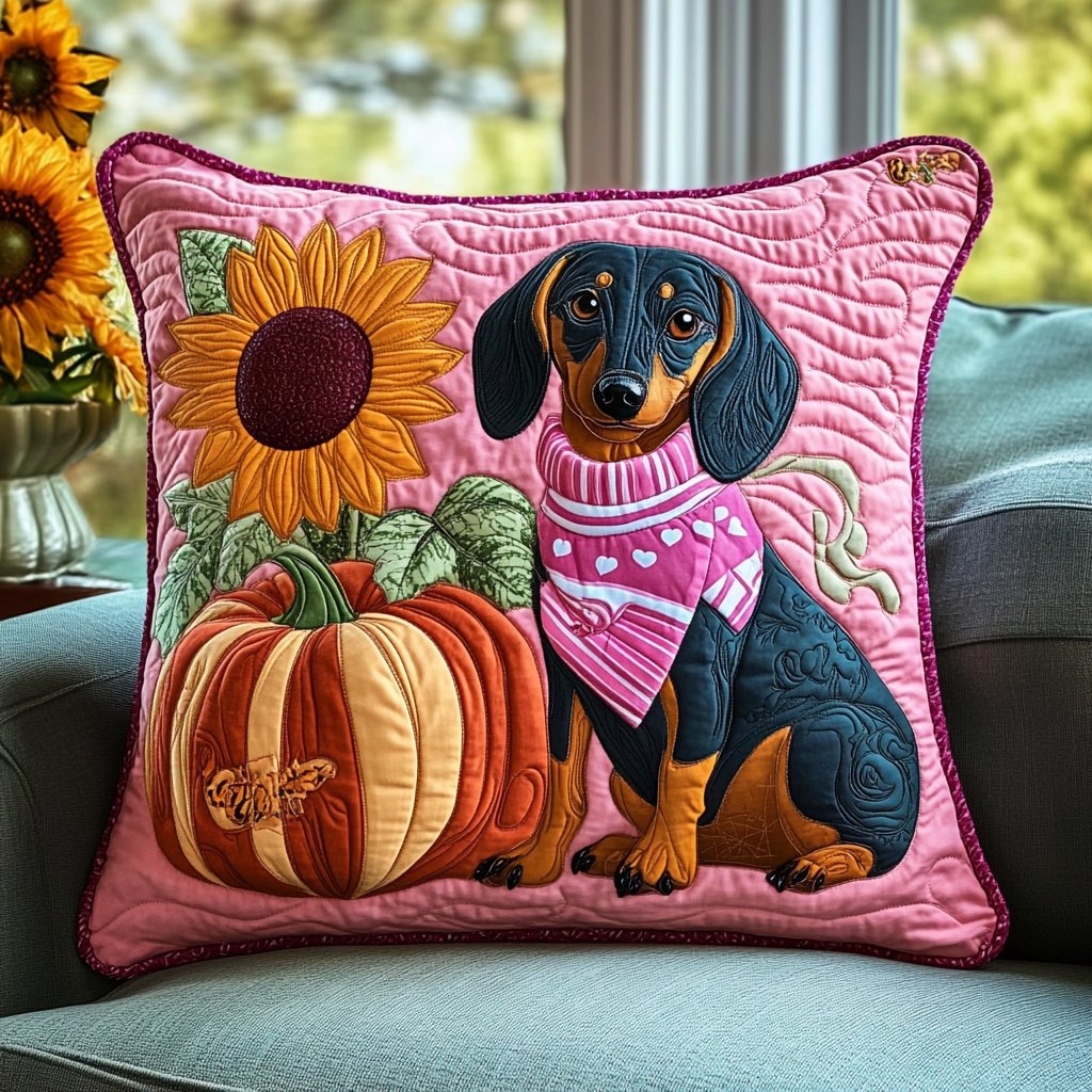 Dachshund Wear Pink Quilted Cushion Cover printed cushion cover