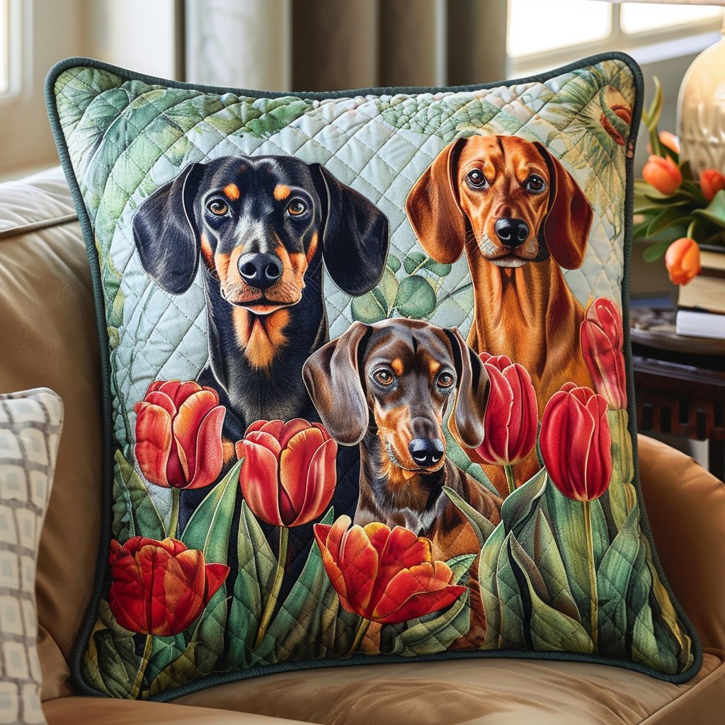 Dachshunds in Scarlet Tulip Garden Quilted Cushion Cover printed cushion cover