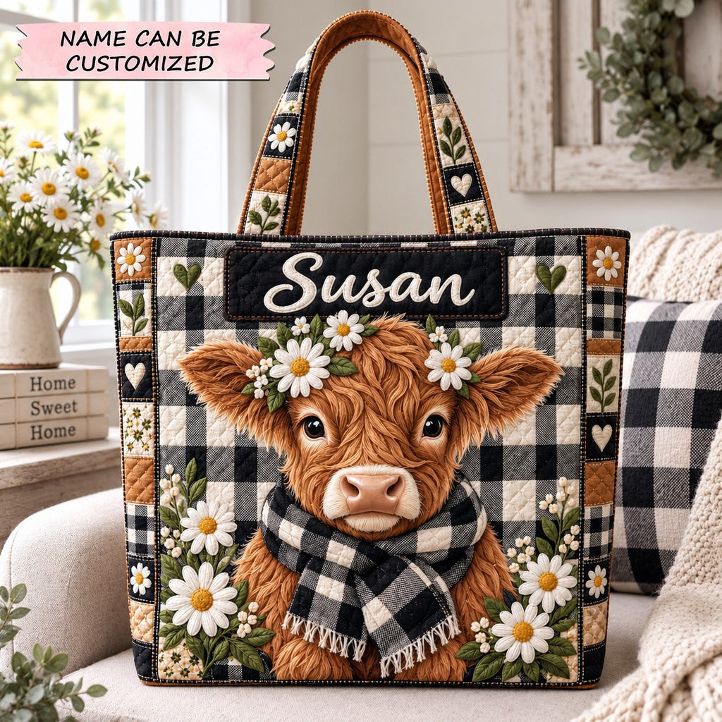 Daisy Highland Cow Quilted Tote Bag QTCUZ printed tote bag