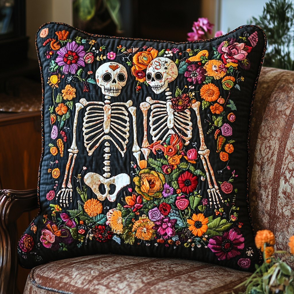 Dancing Skeleton Floral Quilted Cushion Cover printed cushion cover