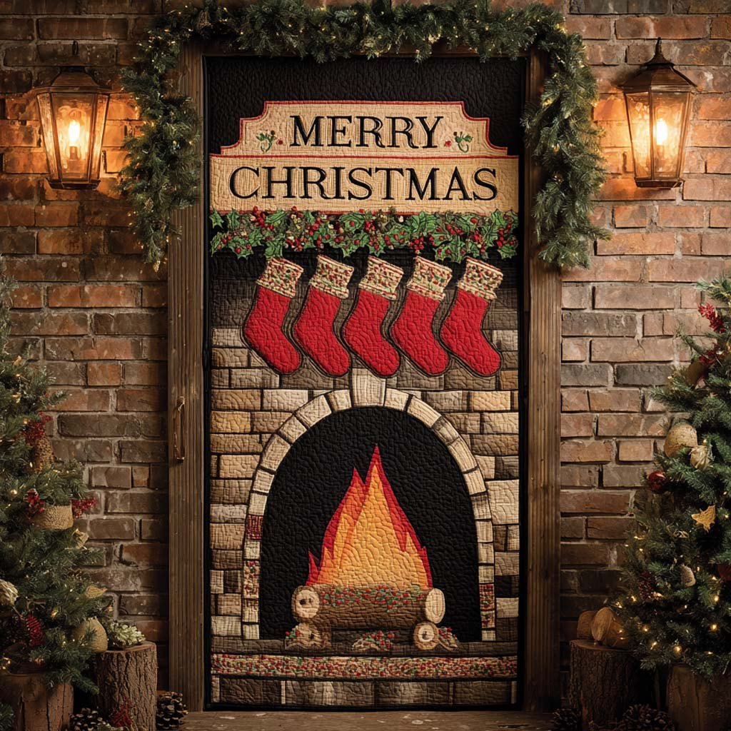 Dark Brick Christmas Hearth Quilted Door Curtain printed door curtain