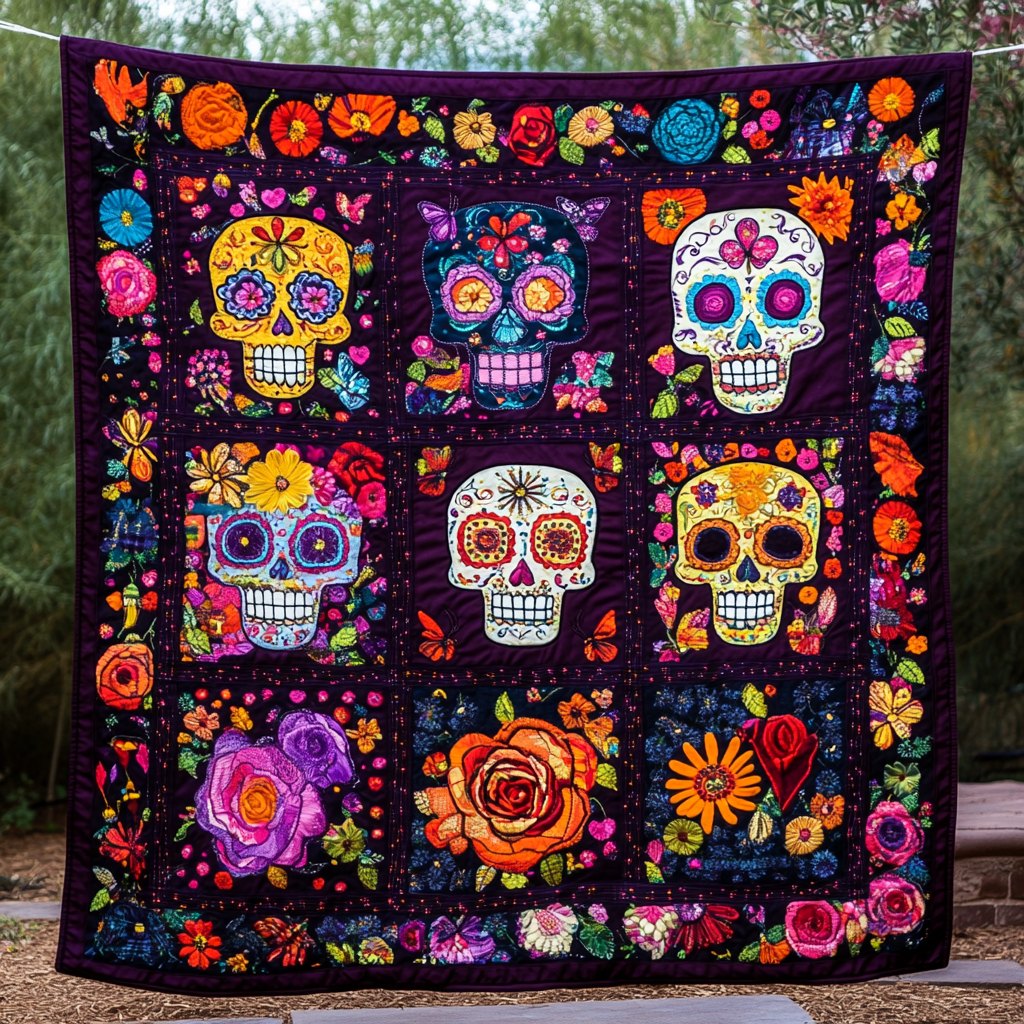 Day of the Dead Sugar Skull Quilted Blanket printed blanket