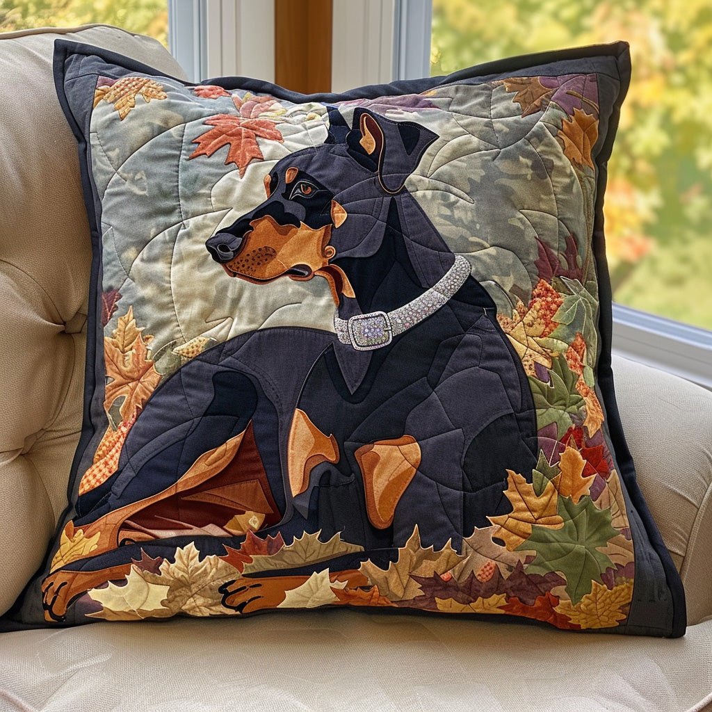 Doberman in the Leaves Quilted Cushion Cover printed cushion cover