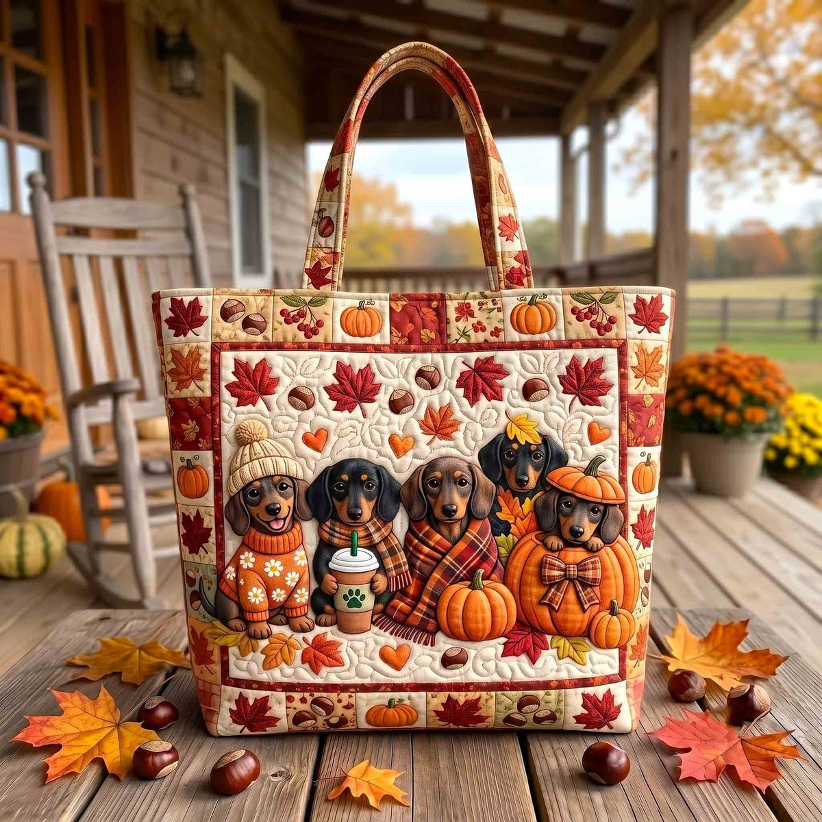 Doxie Autumn Days Quilted Tote Bag printed tote bag