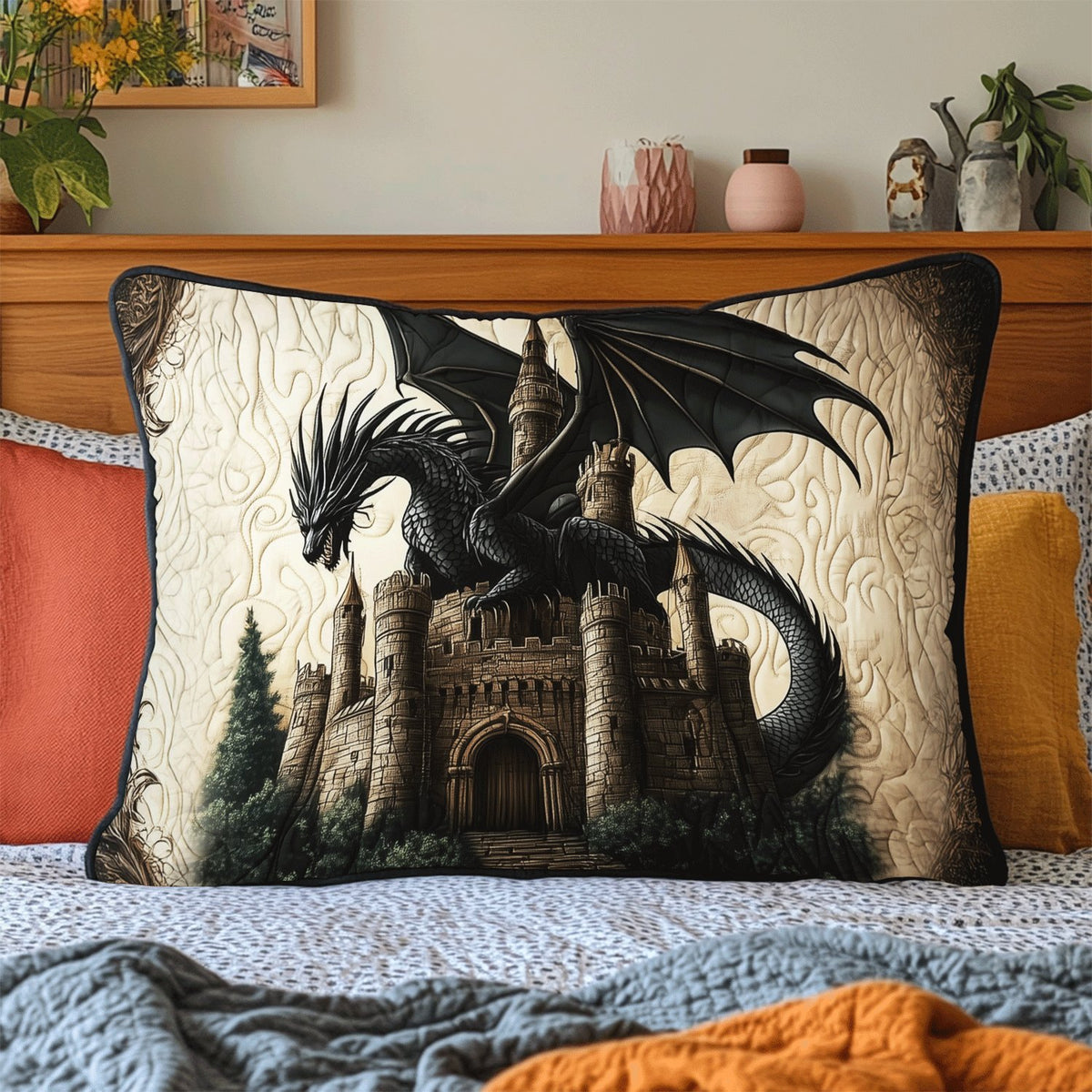 Dragon Fortress Quilted Bedding Cushion Cover printed cushion cover
