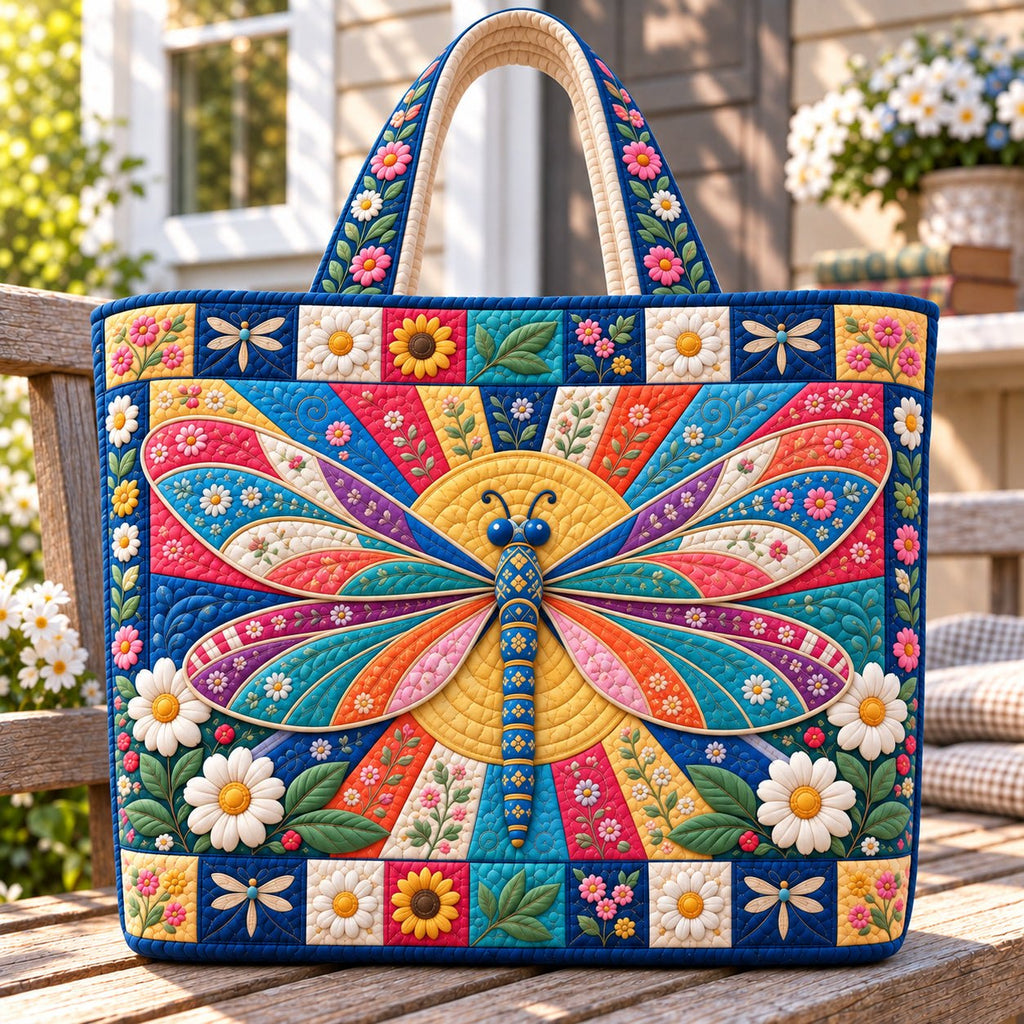 Dragonfly Blossom Quilted Tote Bag printed tote bag