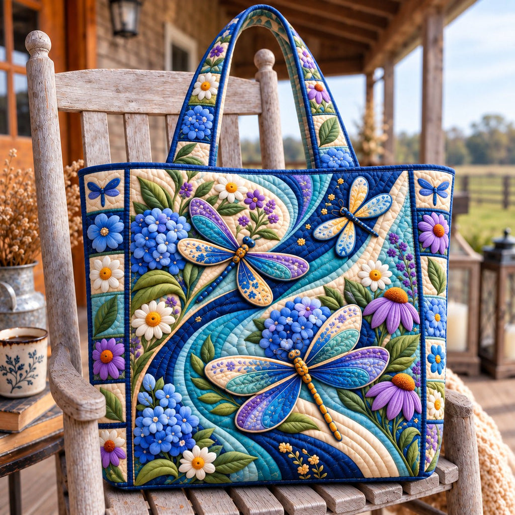 Dragonfly Glow Quilted Tote Bag printed tote bag