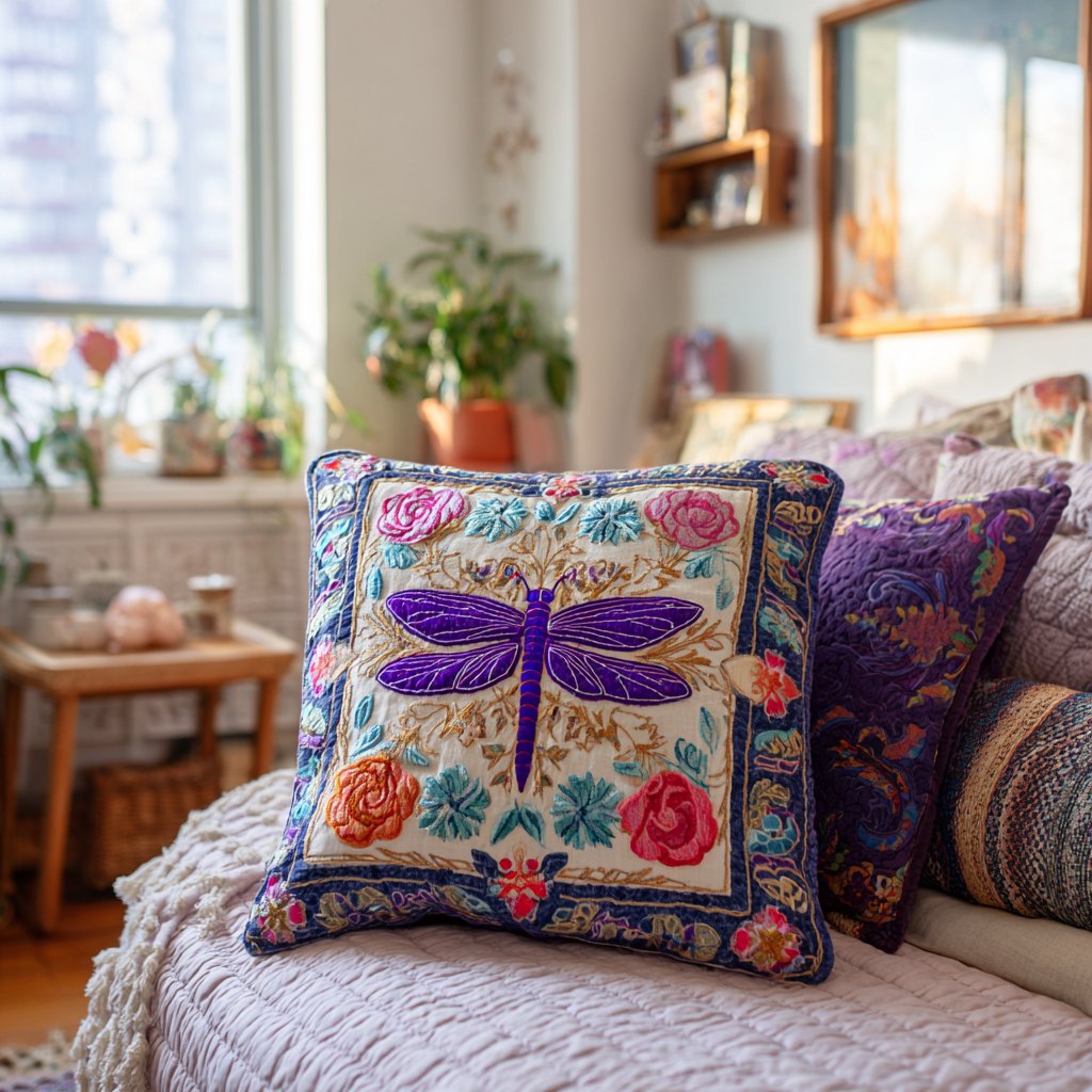 Dragonfly Haven Quilted Cushion Cover printed cushion cover