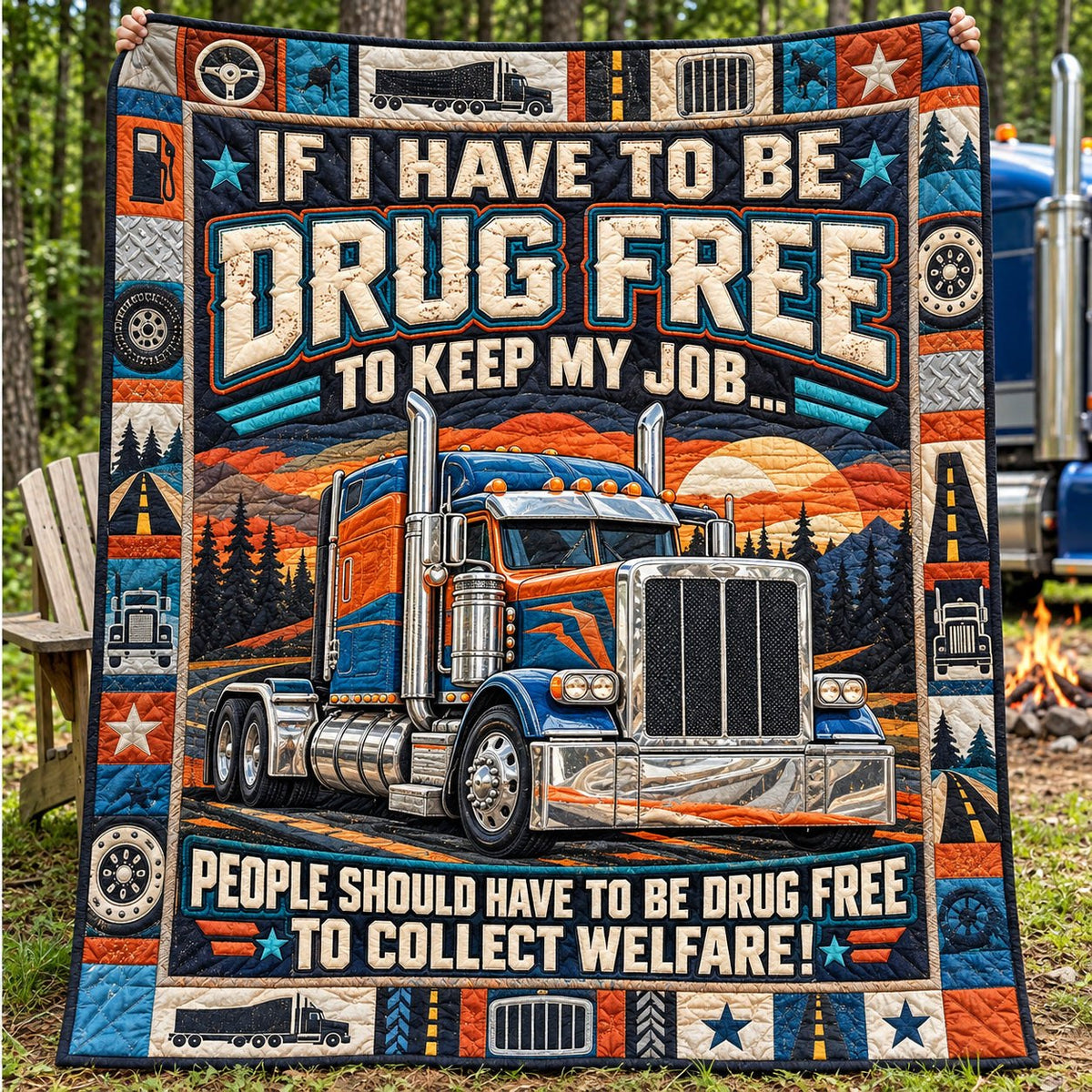 Drug Free Trucker Quilted Blanket printed blanket