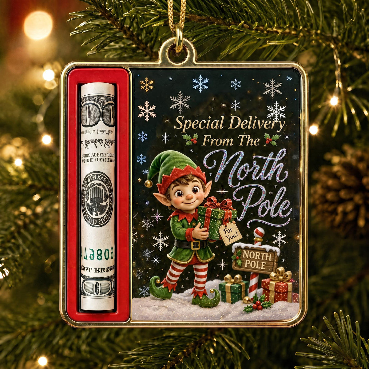 Elf Santa Note Cash Holder Christmas Ornament