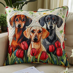 Elegant Dachshunds amidst Crimson Tulips Quilted Cushion Cover printed cushion cover