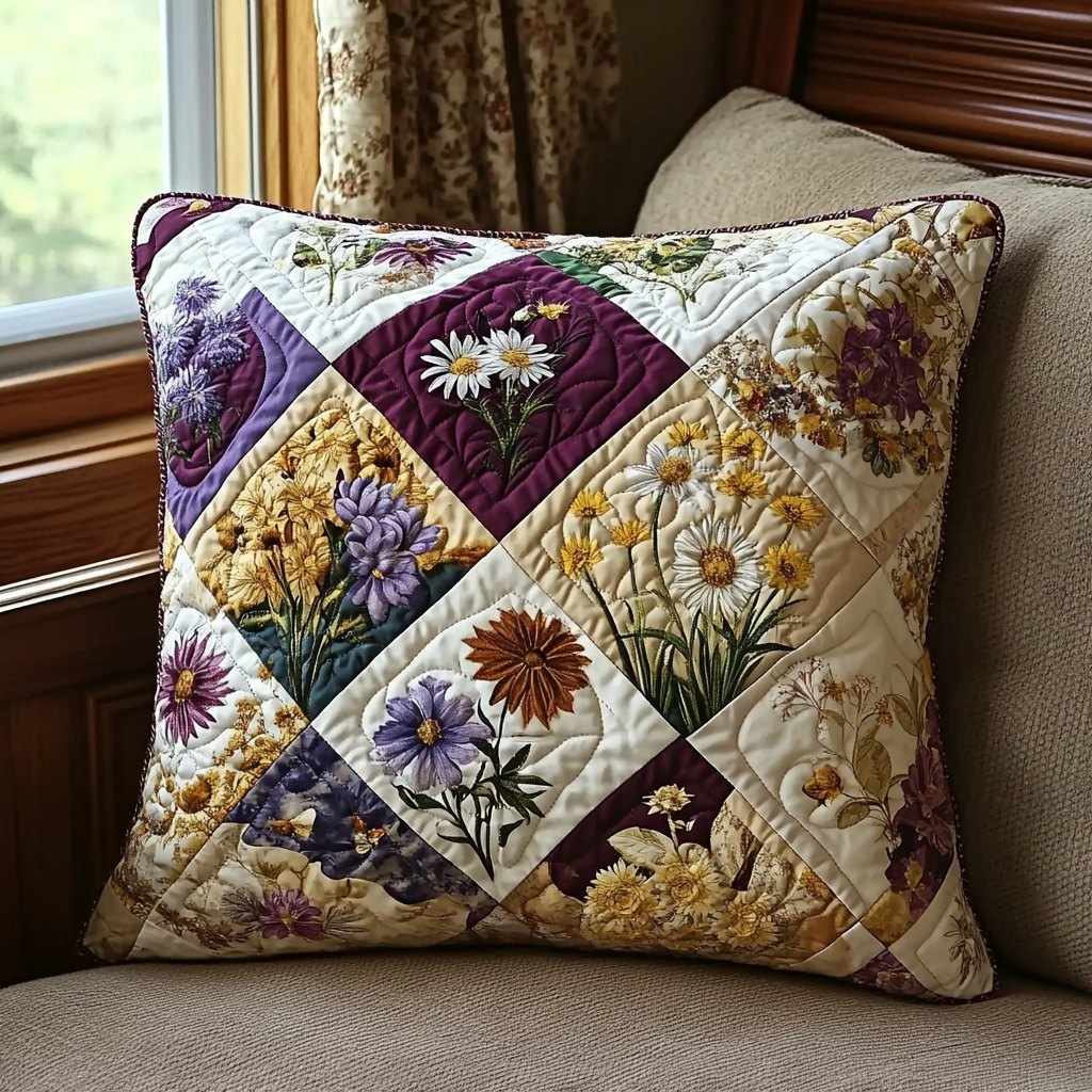 Elegant Flowers Patchwork Quilted Cushion Cover printed cushion cover