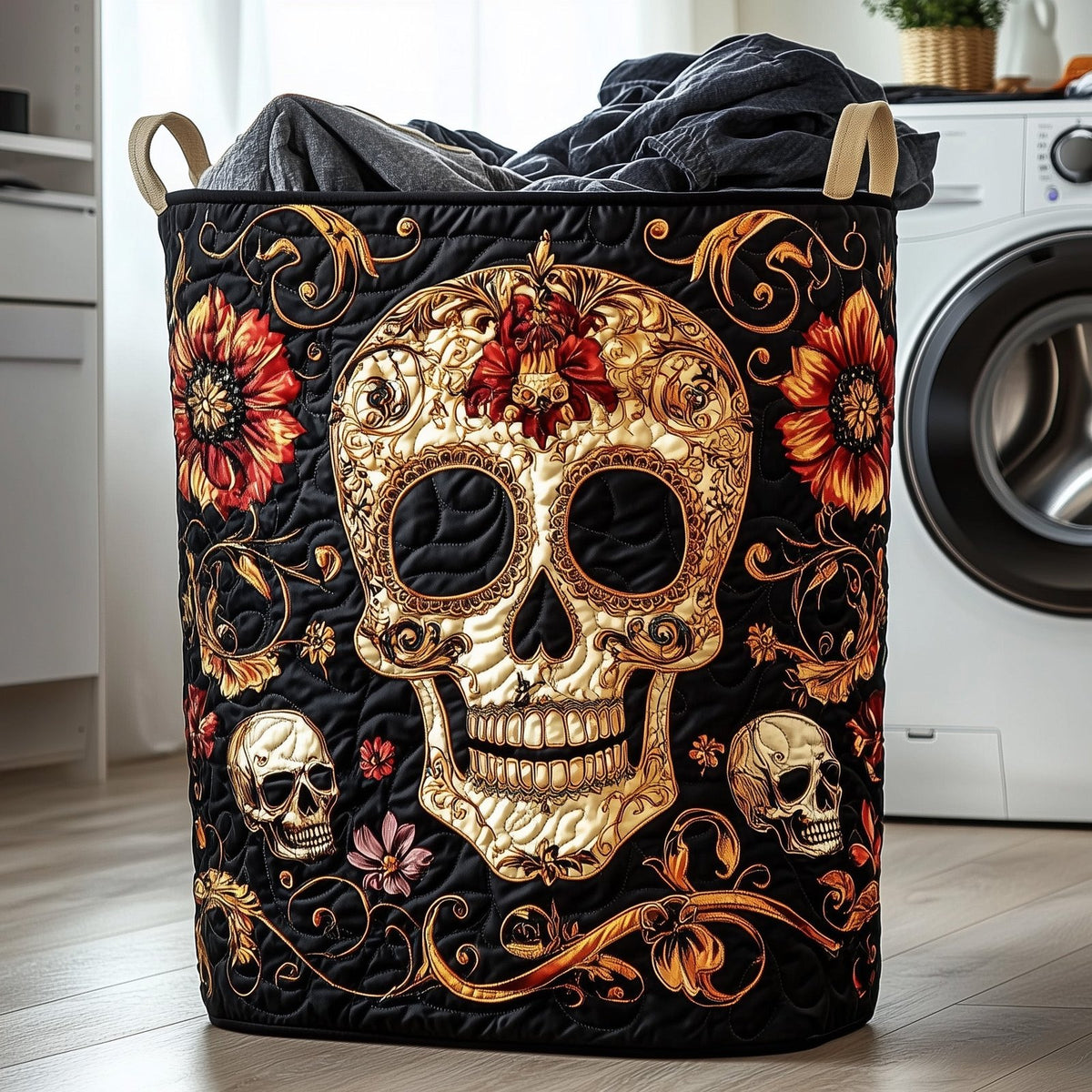 Elegant Golden Skull Quilted Laundry Hamper printed laundry hamper