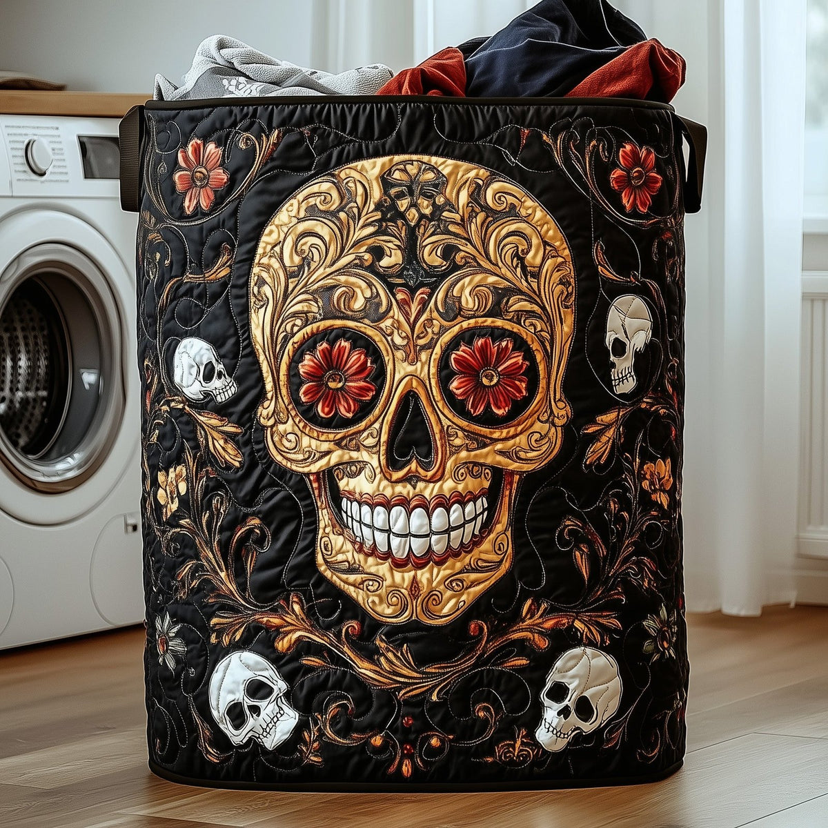 Elegant Golden Skull Quilted Laundry Hamper printed laundry hamper