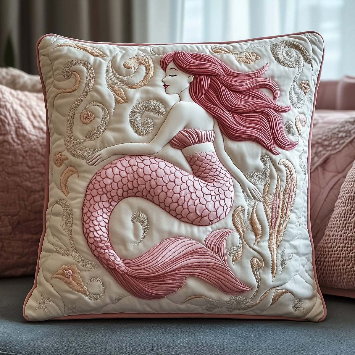 Elegant Mermaid Quilted Cushion Cover printed cushion cover