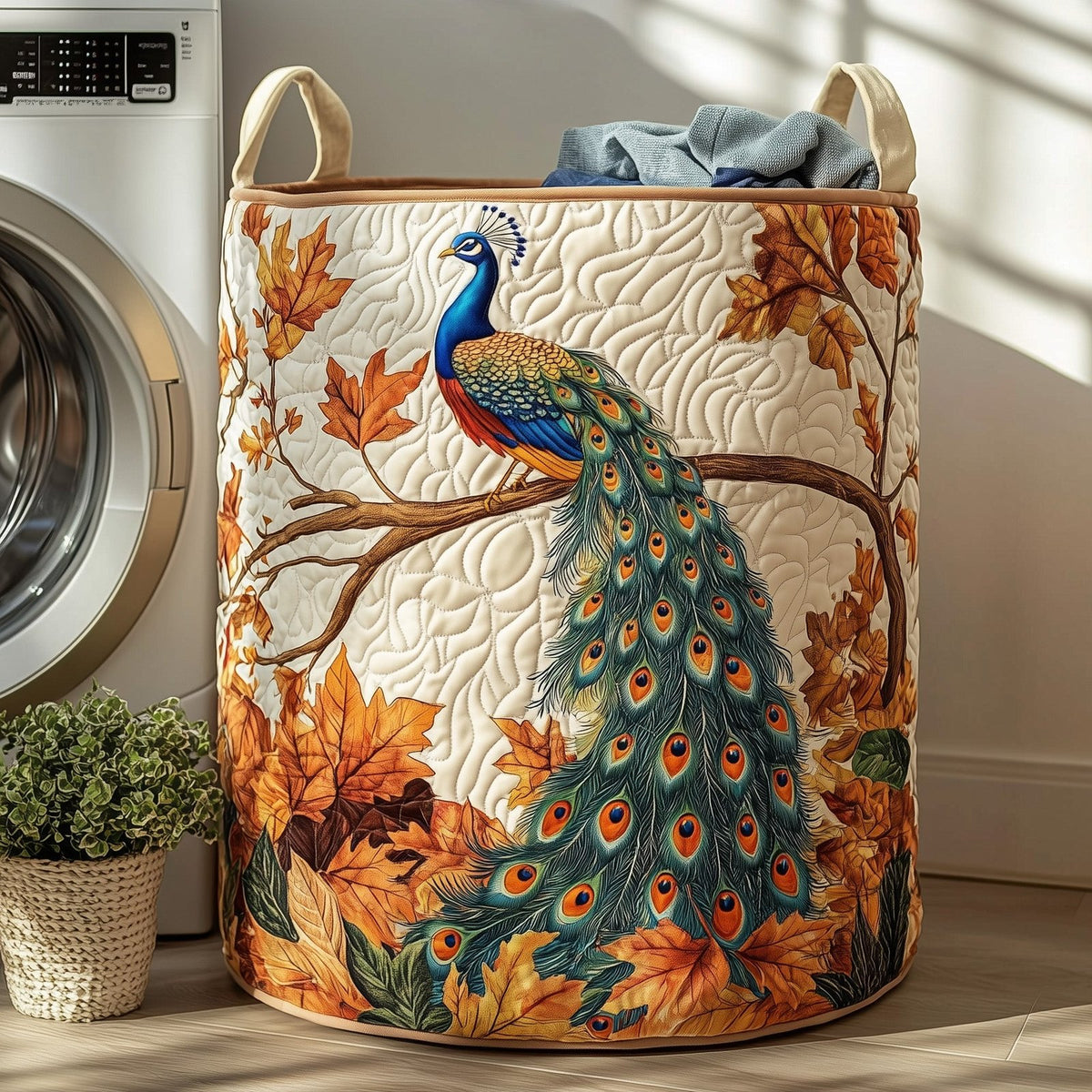 Elegant Peacock Quilted Laundry Hamper printed laundry hamper