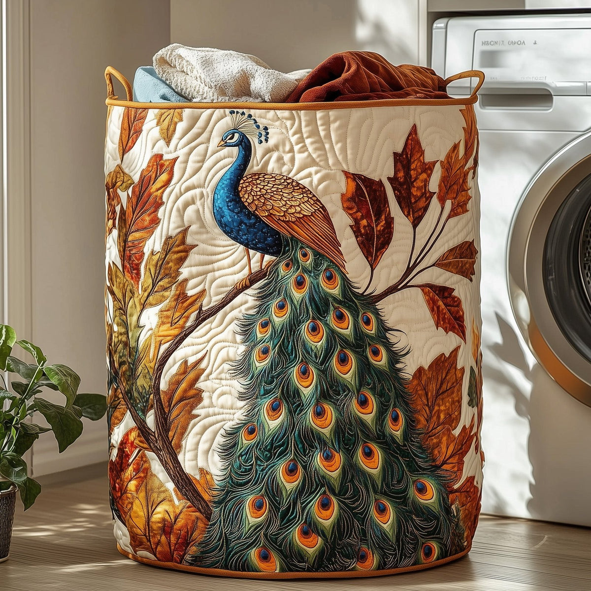 Elegant Peacock Quilted Laundry Hamper printed laundry hamper
