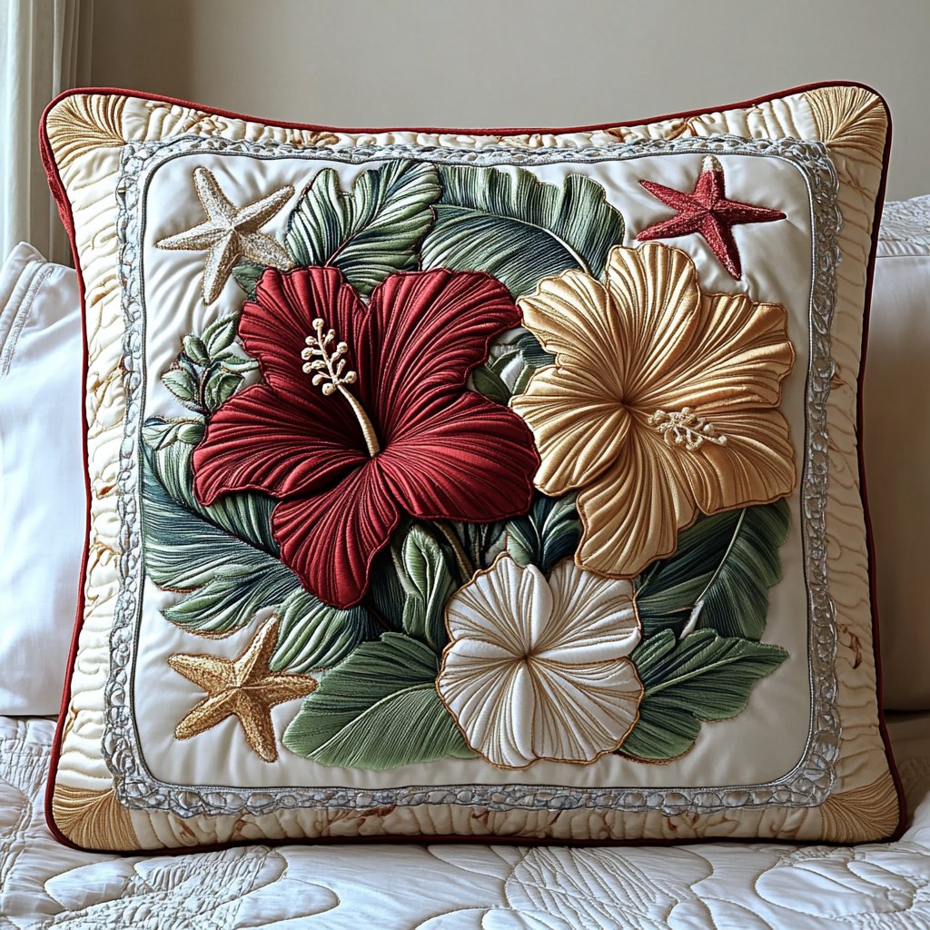 Elegant Red Hibiscus Quilted Cushion Cover printed cushion cover