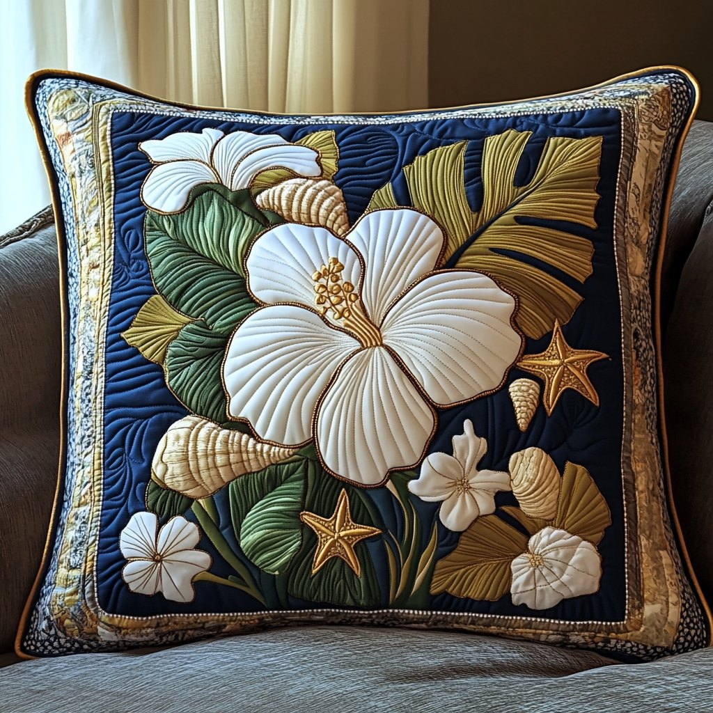 Elegant White Hibiscus Quilted Cushion Cover printed cushion cover