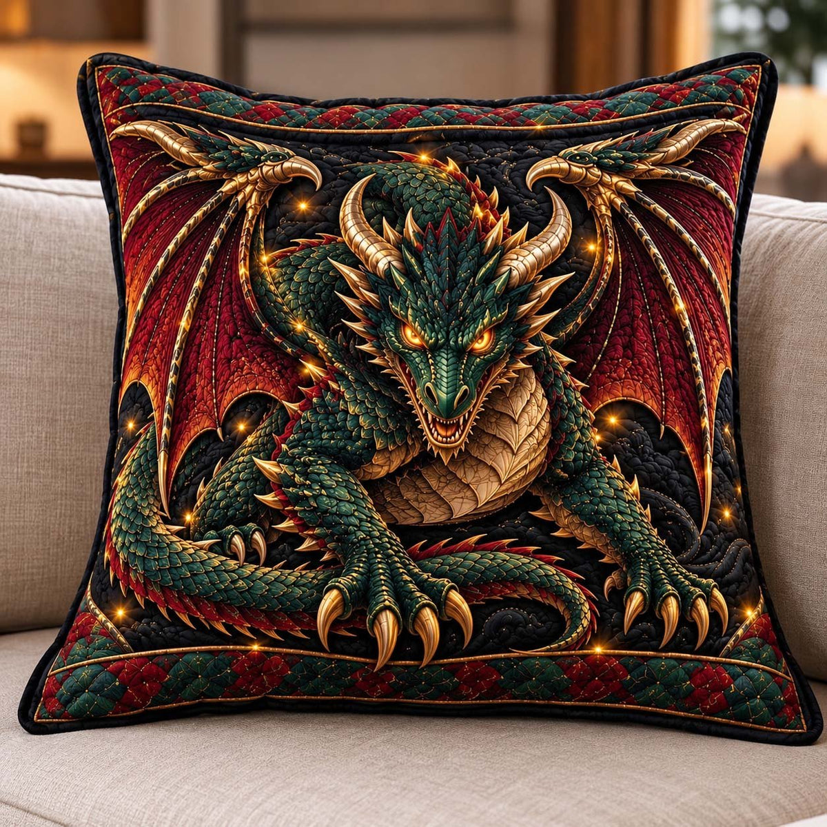 Emerald Dragon King Quilted Cushion Cover printed cushion cover