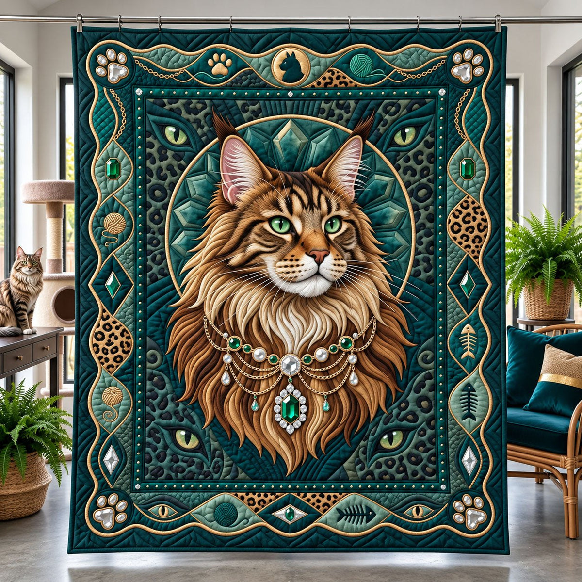 Emerald Pendant Teal Cat printed blanket