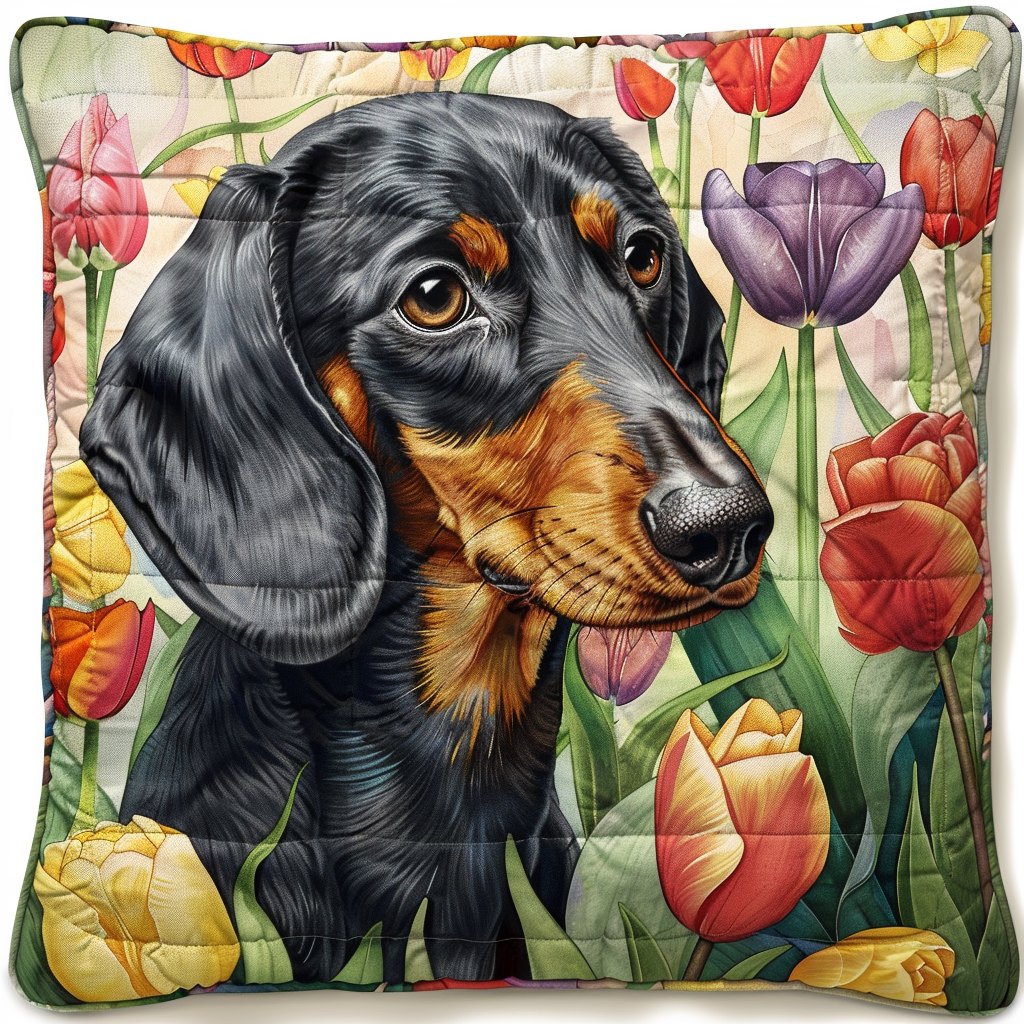 Exquisite Dachshund Amidst Floral Quilted Cushion Cover printed cushion cover