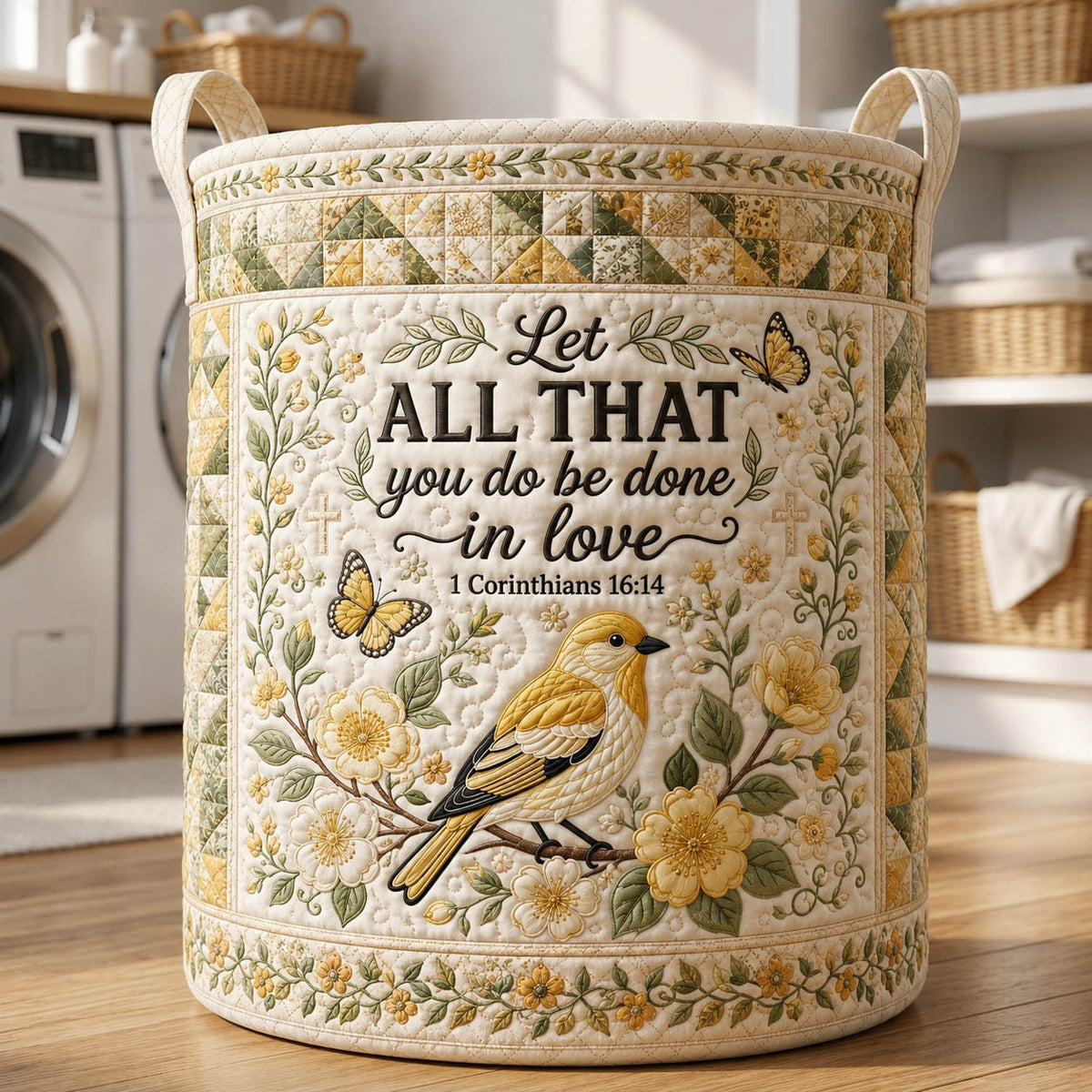 Faith Yellow Songbird Quilted Laundry Hamper printed laundry hamper
