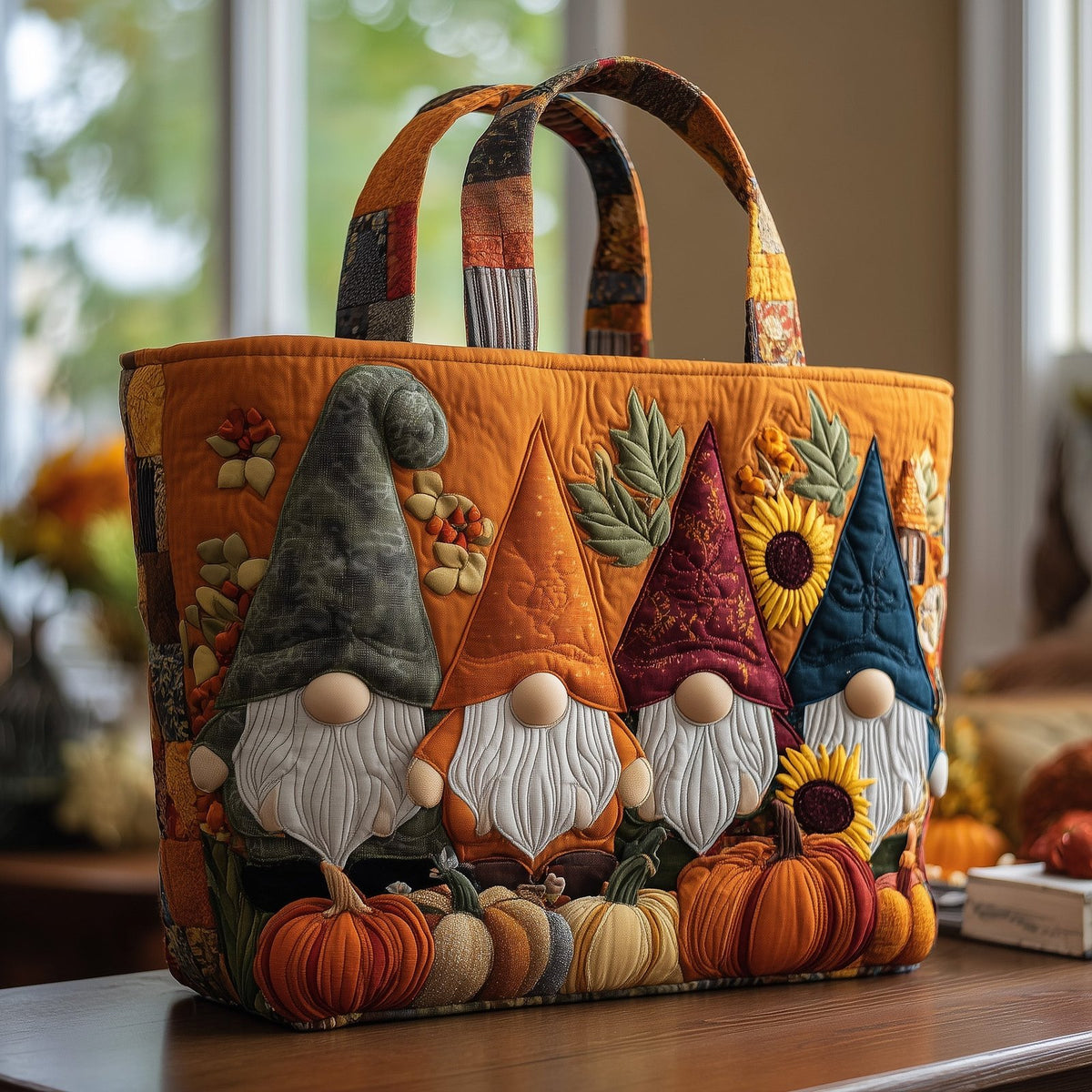 Fall Gnome Gathering Quilted Tote Bag printed tote bag