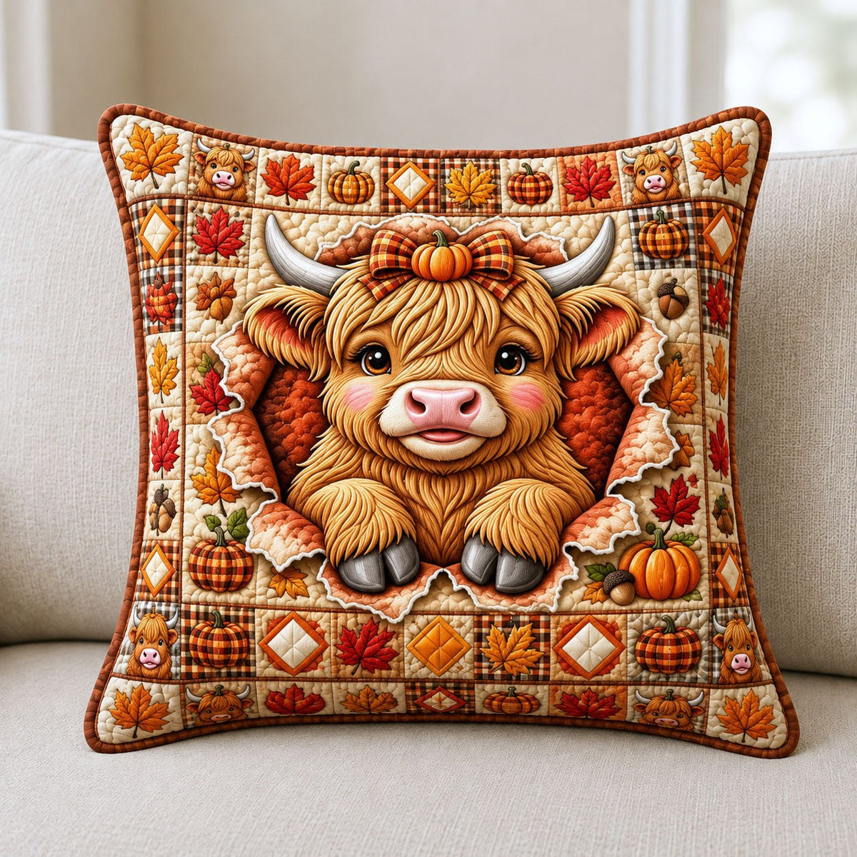 Fall Highland Cow Quilted Cushion Cover printed cushion cover
