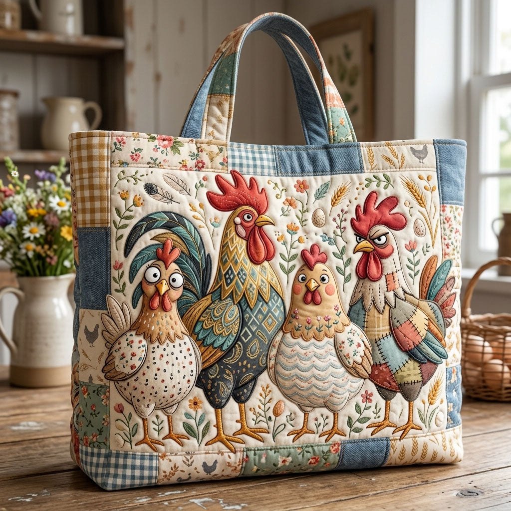 Farmhouse Chicken Quilted Tote Bag printed quilted tote bag