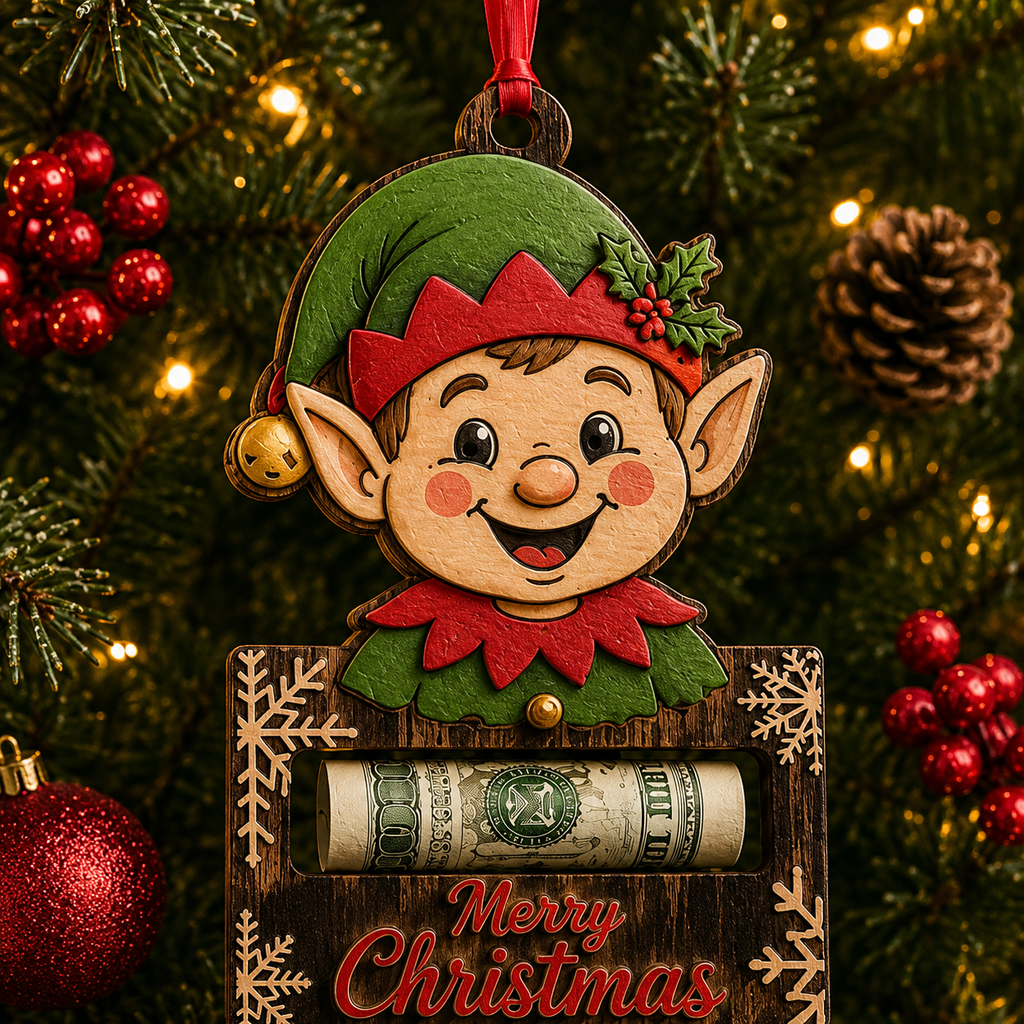 Elf Face Wood Plaque Cash Holder Christmas Ornament