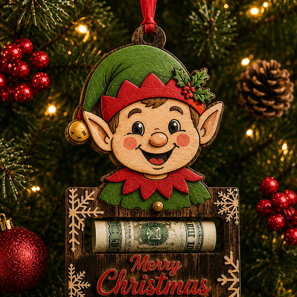 Elf Face Wood Plaque Cash Holder Christmas Ornament