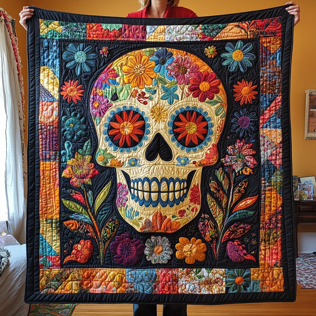 Festive Floral Skull Quilted Blanket printed blanket