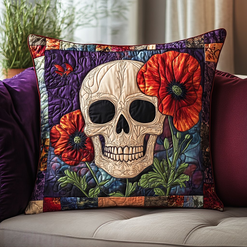 Festive Floral Skull Quilted Cushion Cover printed cushion cover