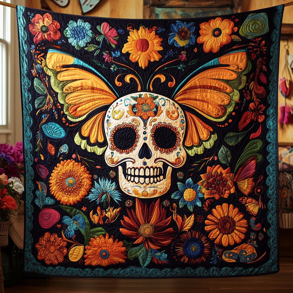 Festive Floral Sugar Skull Quilted Blanket printed blanket