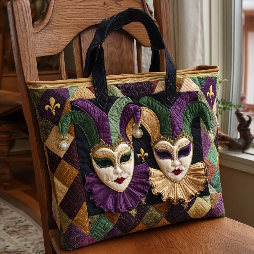 Festive Mask Quilted Tote Bag printed quilted tote bag