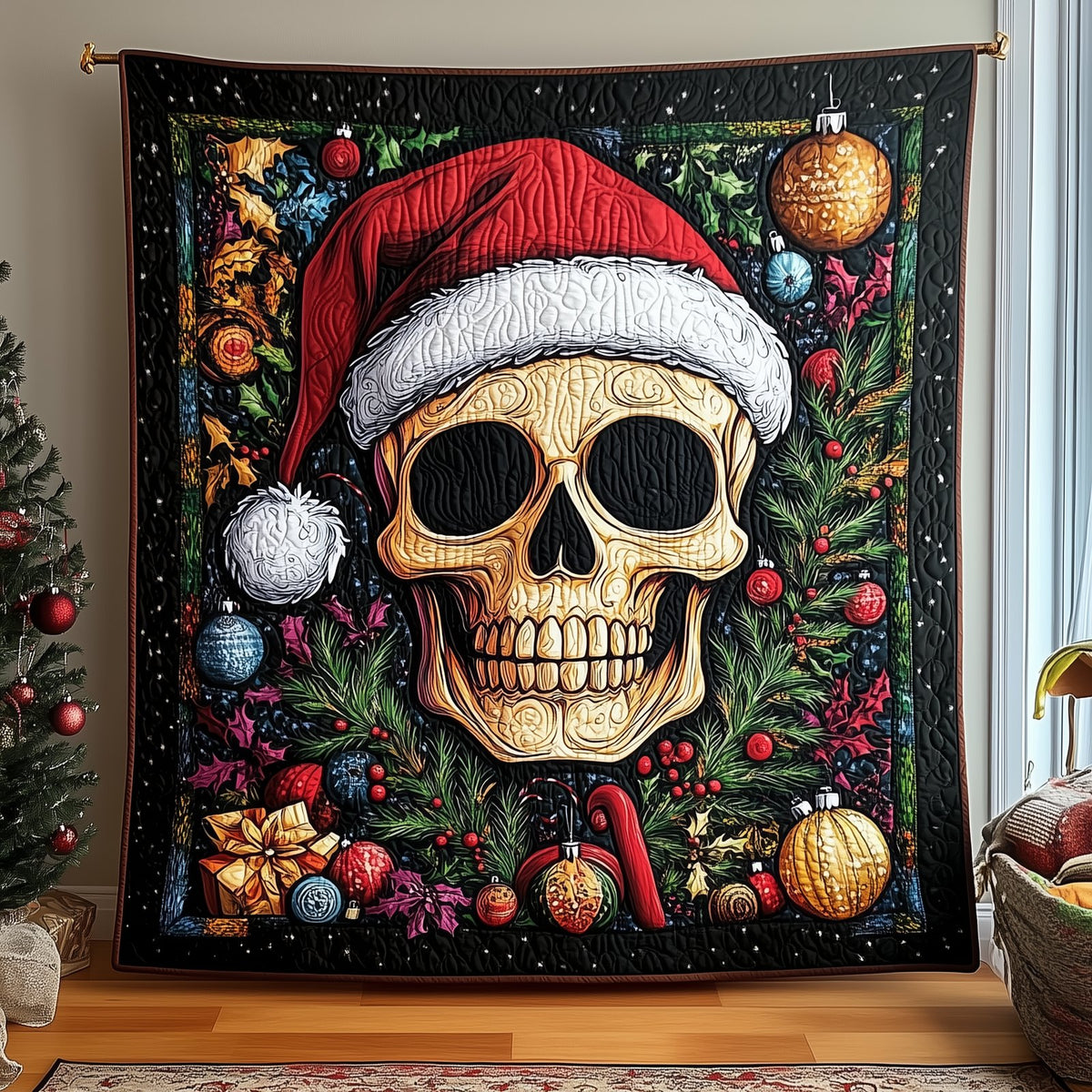Festive Santa Skull Quilted Blanket printed blanket
